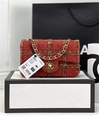 Cha.nel Mini Classic Flap Bag Tweed Gold Tone Metal Red A01116