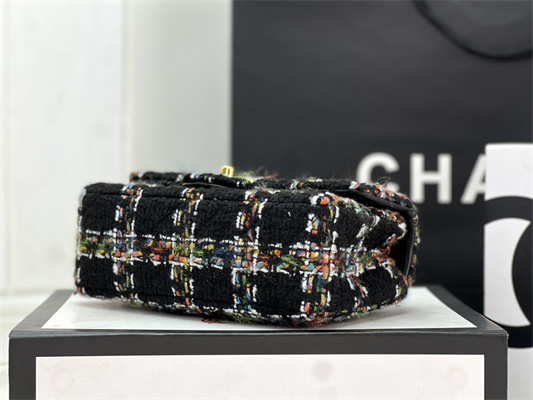 Cha.nel Mini Classic Flap Bag Tweed Gold Tone Metal Black A01116