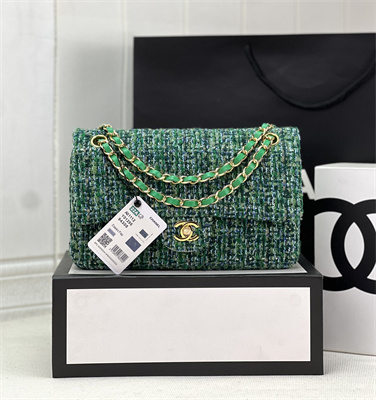 Cha.nel Medium Classic Flap Bag Tweed Gold Tone Metal Green A01112