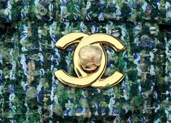 Cha.nel Medium Classic Flap Bag Tweed Gold Tone Metal Green A01112