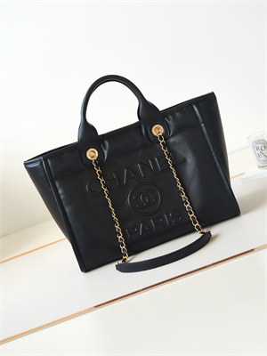 Cha.nel Deauville Small Shopping Bag Goatskin Leather Gold Tone Metal Black AS3257