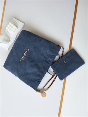 Cha.nel 22 Small Handbag Velvet Gold Tone Metal Blue AS3260