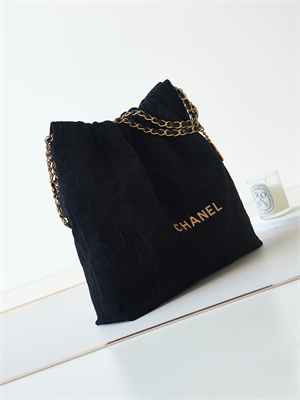 Cha.nel 22 Medium Handbag Velvet Gold Tone Metal Black AS3261