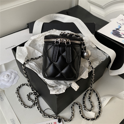 Cha.nel Vanity Case With Ball Lambskin Silver Tone Metal Black AP1447