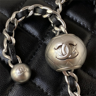 Cha.nel Vanity Case With Ball Lambskin Silver Tone Metal Black AP2303