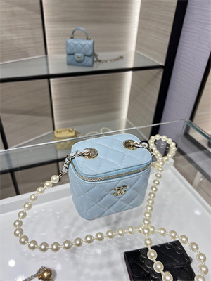 Cha.nel Vanity Case With Chain Lambskin Gold Tone Metal Blue AP2581