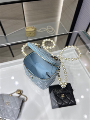 Cha.nel Vanity Case With Chain Lambskin Gold Tone Metal Blue AP2581