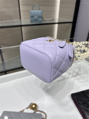 Cha.nel Vanity Case With Chain Lambskin Gold Tone Metal Lilac AP2581