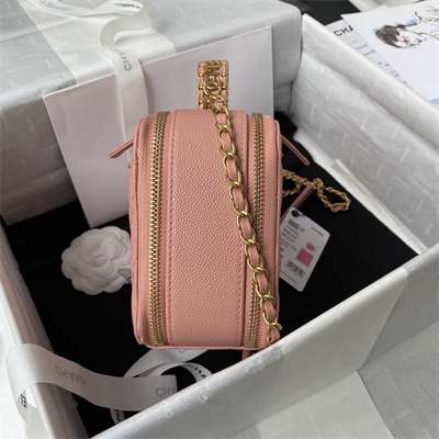 Cha.nel Vanity Case With Top Handle Grained Calfskin Gold Tone Metal Pink AP3222
