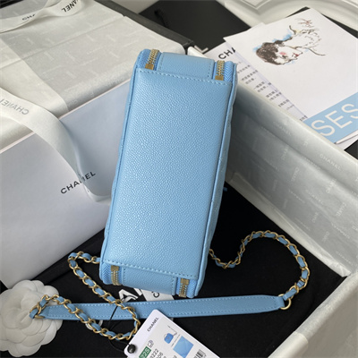 Cha.nel Vanity Case With Top Handle Grained Calfskin Gold Tone Metal Blue AP3222