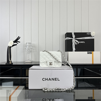 Cha.nel Super Mini Classic Flap Bag Grained Calfskin Silver Tone Metal White 01115