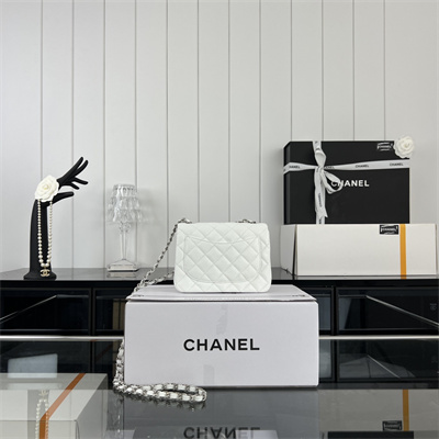 Cha.nel Super Mini Classic Flap Bag Grained Calfskin Silver Tone Metal White 01115