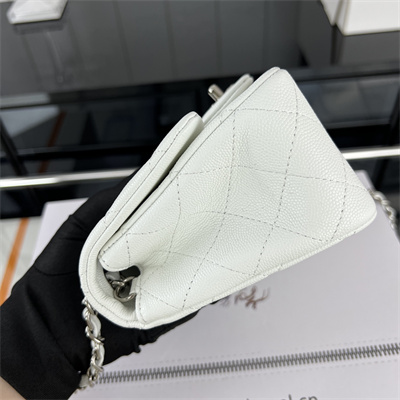 Cha.nel Super Mini Classic Flap Bag Grained Calfskin Silver Tone Metal White 01115