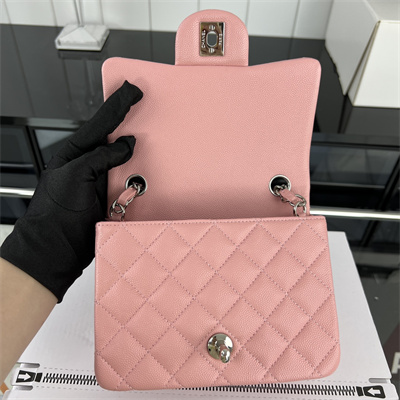 Cha.nel Super Mini Classic Flap Bag Grained Calfskin Silver Tone Metal Pink 01115