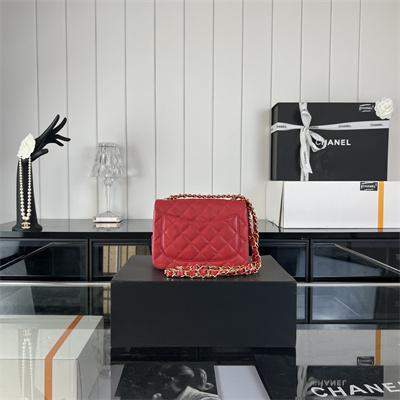 Cha.nel Super Mini Classic Flap Bag Grained Calfskin Gold Tone Metal Red 01115