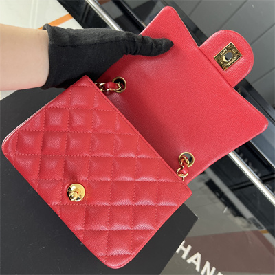Cha.nel Super Mini Classic Flap Bag Grained Calfskin Gold Tone Metal Red 01115