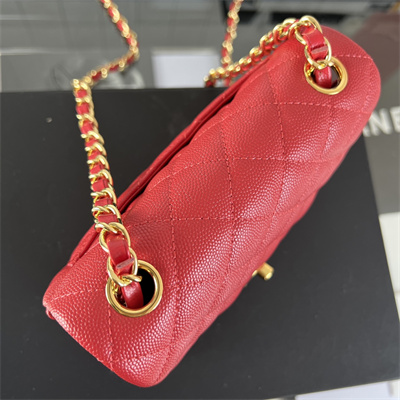 Cha.nel Super Mini Classic Flap Bag Grained Calfskin Gold Tone Metal Red 01115