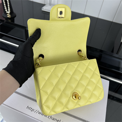 Cha.nel Super Mini Classic Flap Bag Grained Calfskin Gold Tone Metal Yellow 01115
