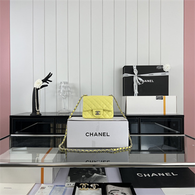 Cha.nel Super Mini Classic Flap Bag Grained Calfskin Silver Tone Metal Yellow 01115