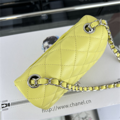 Cha.nel Super Mini Classic Flap Bag Grained Calfskin Silver Tone Metal Yellow 01115