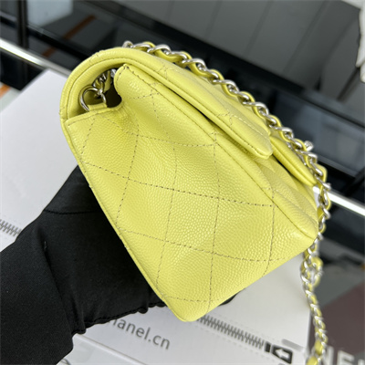 Cha.nel Super Mini Classic Flap Bag Grained Calfskin Silver Tone Metal Yellow 01115