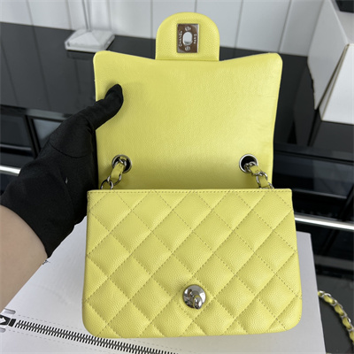 Cha.nel Super Mini Classic Flap Bag Grained Calfskin Silver Tone Metal Yellow 01115