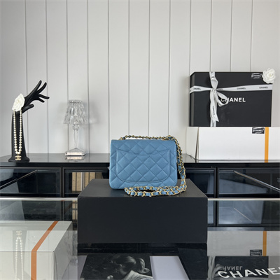 Cha.nel Super Mini Classic Flap Bag Grained Calfskin Gold Tone Metal Blue 01115