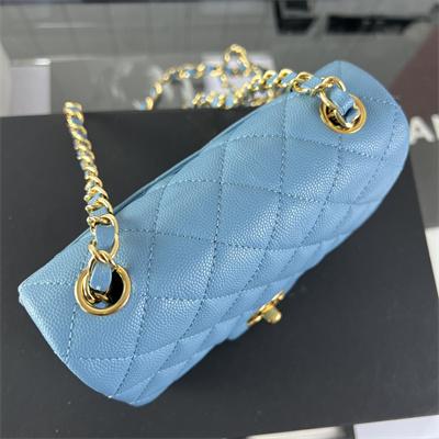Cha.nel Super Mini Classic Flap Bag Grained Calfskin Gold Tone Metal Blue 01115