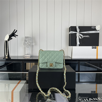 Cha.nel Super Mini Classic Flap Bag Grained Calfskin Gold Tone Metal Lt Green 01115