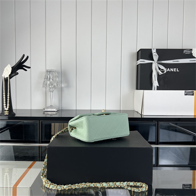 Cha.nel Super Mini Classic Flap Bag Grained Calfskin Gold Tone Metal Lt Green 01115