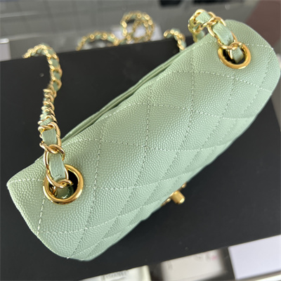 Cha.nel Super Mini Classic Flap Bag Grained Calfskin Gold Tone Metal Lt Green 01115