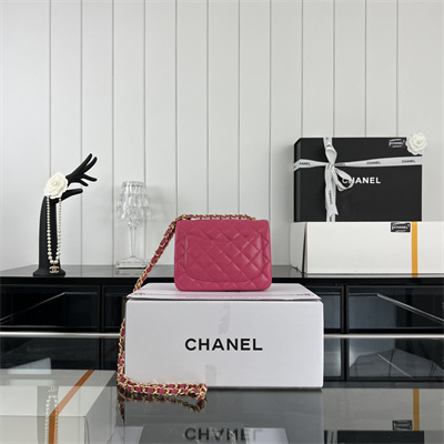 Cha.nel Super Mini Classic Flap Bag Grained Calfskin Gold Tone Metal Fuchsia 01115