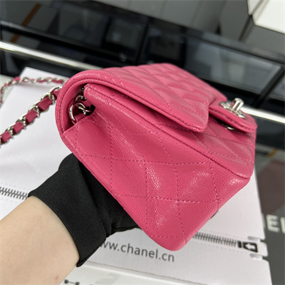 Cha.nel Super Mini Classic Flap Bag Grained Calfskin Silver Tone Metal Fuchsia 01115