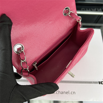 Cha.nel Super Mini Classic Flap Bag Grained Calfskin Silver Tone Metal Fuchsia 01115