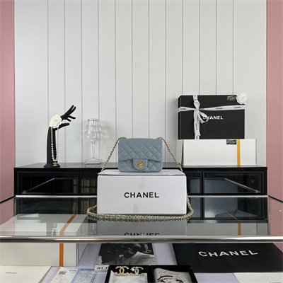 Cha.nel Super Mini Classic Flap Bag Grained Calfskin Gold Tone Metal Lt Blue 01115