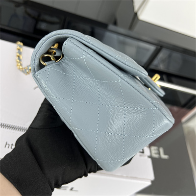 Cha.nel Super Mini Classic Flap Bag Grained Calfskin Gold Tone Metal Lt Blue 01115
