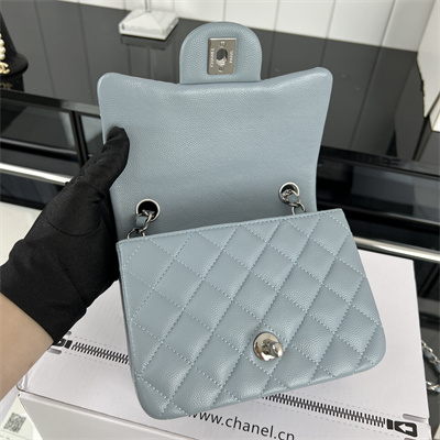 Cha.nel Super Mini Classic Flap Bag Grained Calfskin Silver Tone Metal Lt Blue 01115