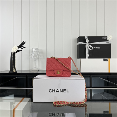 Cha.nel Super Mini Classic Flap Bag Grained Calfskin Gold Tone Metal Red 01115