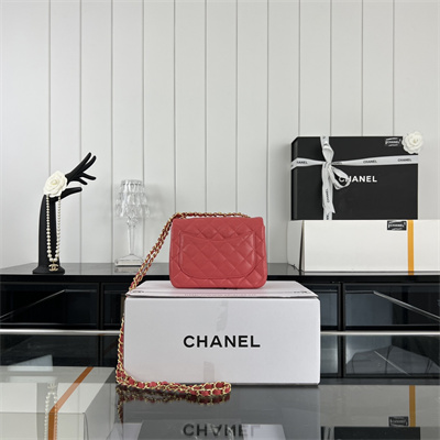 Cha.nel Super Mini Classic Flap Bag Grained Calfskin Gold Tone Metal Red 01115