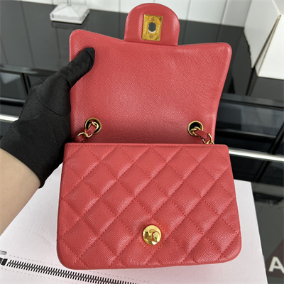 Cha.nel Super Mini Classic Flap Bag Grained Calfskin Gold Tone Metal Red 01115
