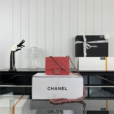 Cha.nel Super Mini Classic Flap Bag Grained Calfskin Silver Tone Metal Red 01115