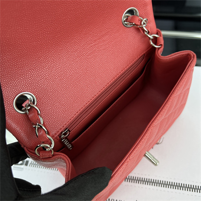 Cha.nel Super Mini Classic Flap Bag Grained Calfskin Silver Tone Metal Red 01115