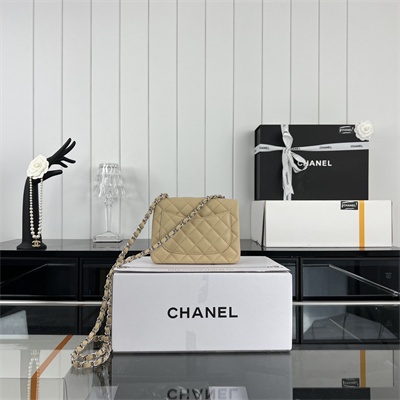 Cha.nel Super Mini Classic Flap Bag Grained Calfskin Silver Tone Metal Beige 01115