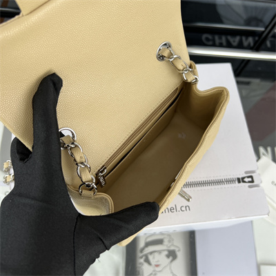 Cha.nel Super Mini Classic Flap Bag Grained Calfskin Silver Tone Metal Beige 01115