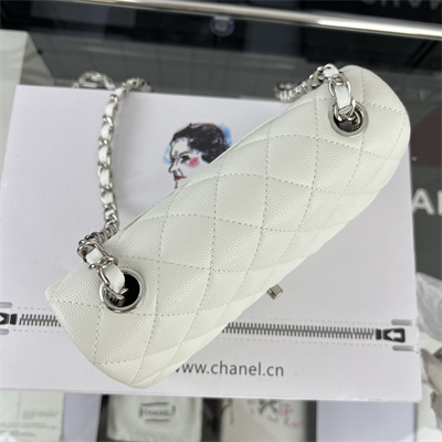 Cha.nel Mini Classic Flap Bag Grained Calfskin Silver Tone Metal White 01116