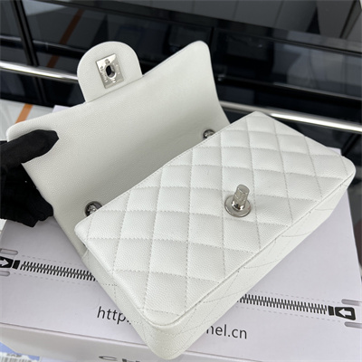 Cha.nel Mini Classic Flap Bag Grained Calfskin Silver Tone Metal White 01116