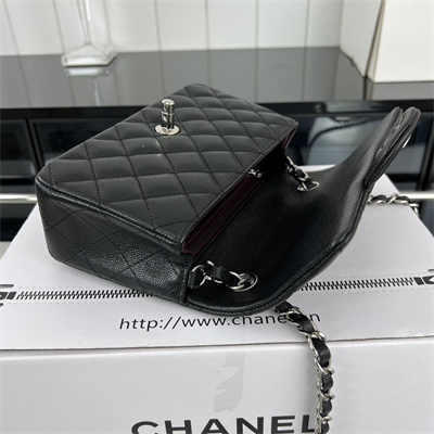 Cha.nel Mini Classic Flap Bag Grained Calfskin Silver Tone Metal Black 01116