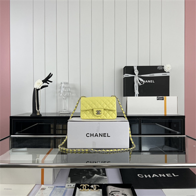 Cha.nel Mini Classic Flap Bag Grained Calfskin Silver Tone Metal Yellow 01116