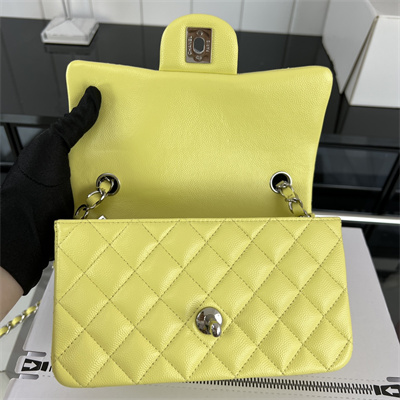 Cha.nel Mini Classic Flap Bag Grained Calfskin Silver Tone Metal Yellow 01116