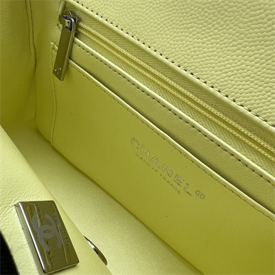 Cha.nel Mini Classic Flap Bag Grained Calfskin Silver Tone Metal Yellow 01116